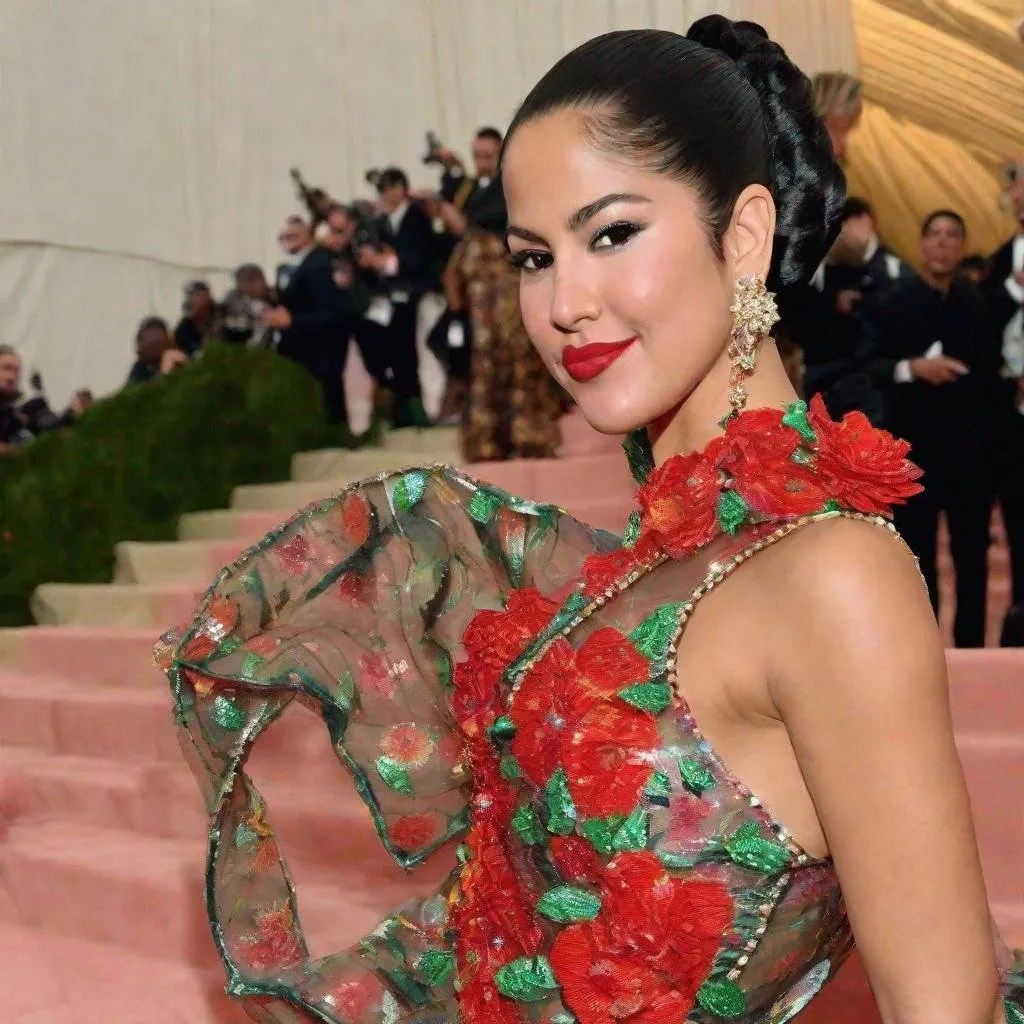 Prompt: Selena Quintanilla posing in a Mexican inspired flower dress hair in bun on the MET GALA red carpet 