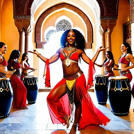 Prompt: Beautiful black woman wearing a red and gold belly dancing outfit happily around of drummers in a circle drumming in an Arabian castle 