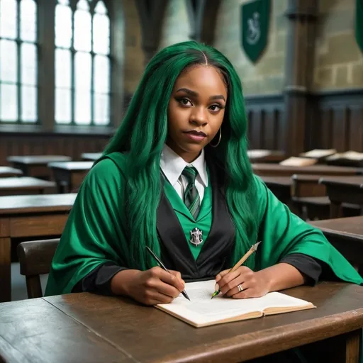 Prompt: Beautiful black woman wearing a slytherin robe green, tie green long hair and holding a feather pen at hogwarts classroom 