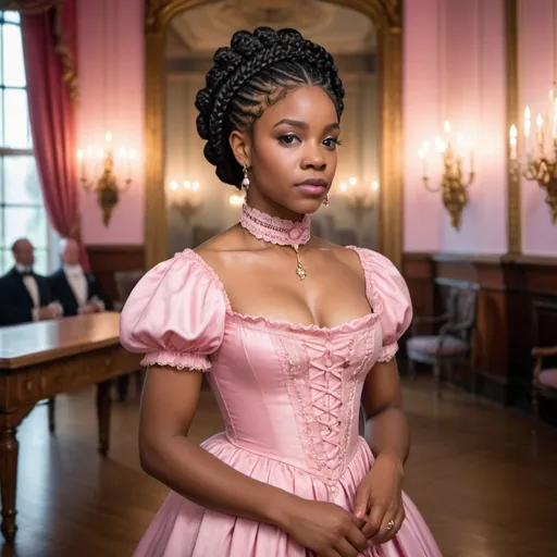 Prompt: A beautiful black woman with black hair in Dutch braids wearing a pink regency dress in a Victorian ballroom 