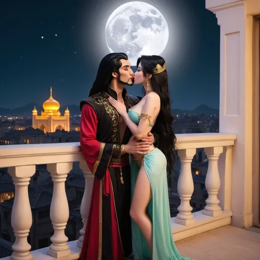 Prompt: <mymodel> Jasmine lustfully and kissing Jafar  Realistic on palace balcony at night full moon reality 