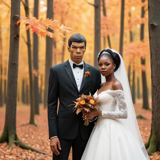 Prompt: Beautiful black woman in a wedding dress and Amok Spock getting married in the woods in autumn 