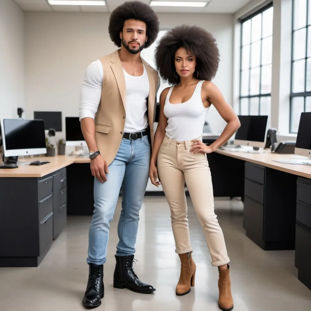 Prompt: Beautiful black woman with an Afro in a white tank top, denim jeans and black biker boots with a Handsome Latino man with slick hair in beige tailored suit with suede shoes in an office 