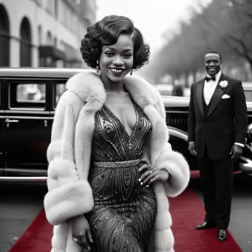 Prompt: Glamorous Black woman smiling wearing a 20’s style dress and fur coat with a 20’s hairstyle on the red carpet in front of a limousine in black and white 