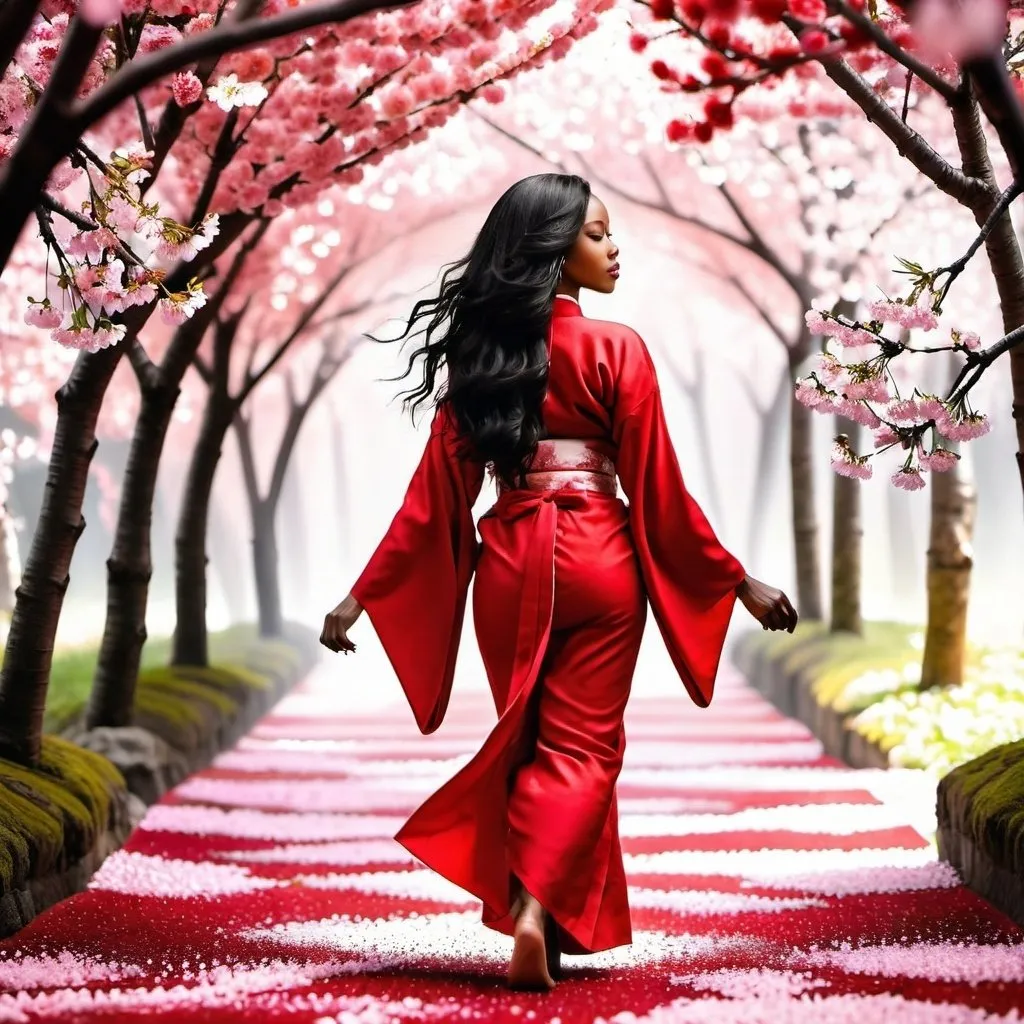 Prompt: Beautiful black woman with long black beautiful hair wearing a red kimono walking through a cherry blossom forest as petals fall on the floor