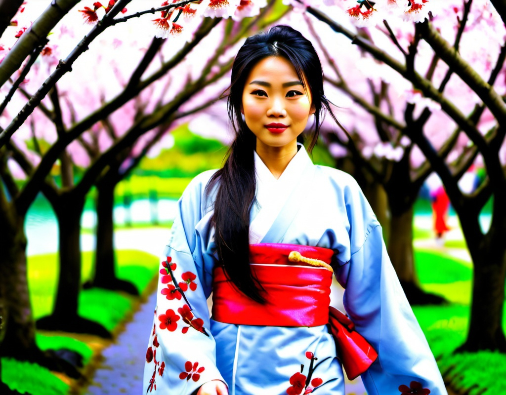 Prompt: Beautiful Asian lady in a Quipao walking through the Sakura trees