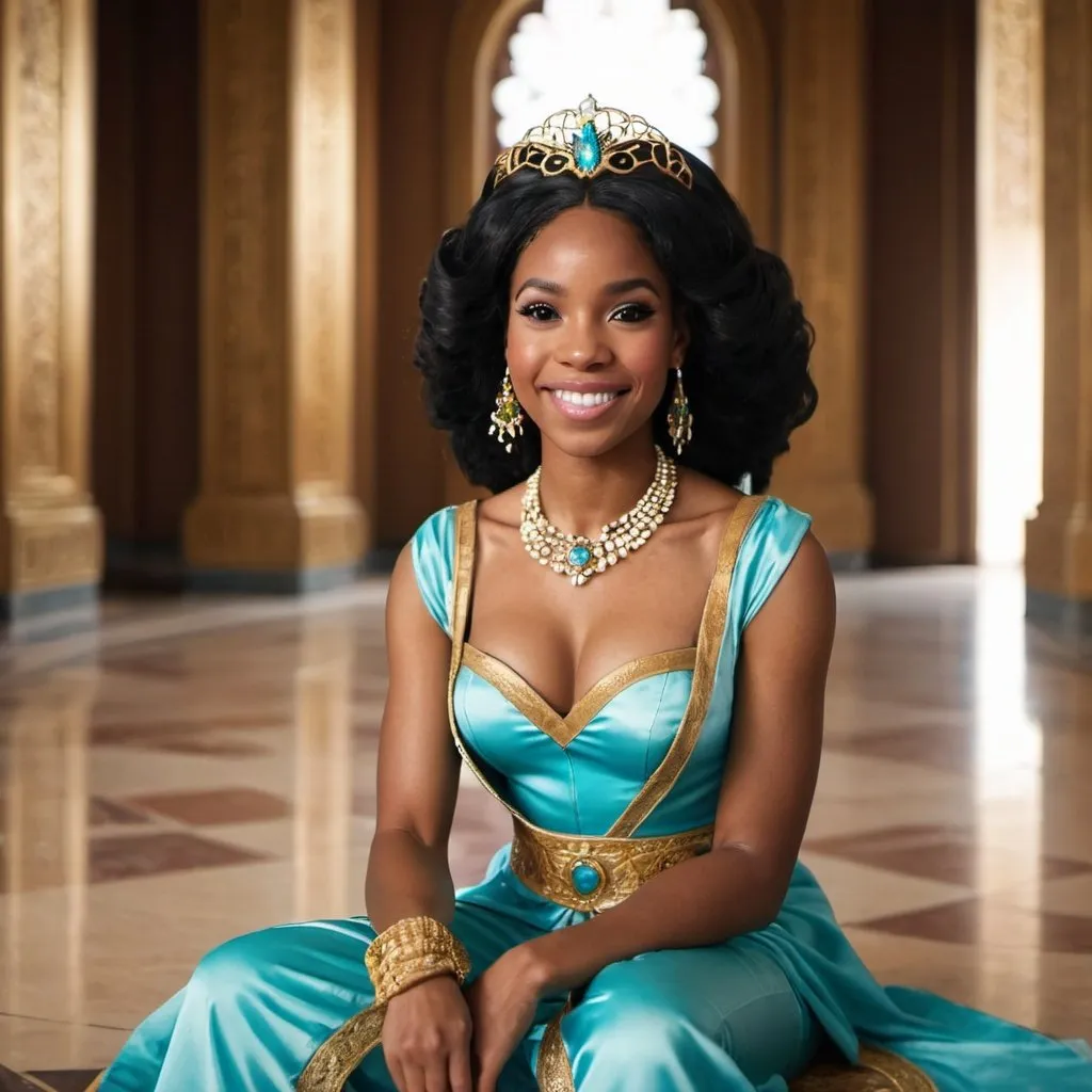 Prompt: Beautiful black woman dressed as Jasmine smiling sitting in the palace 