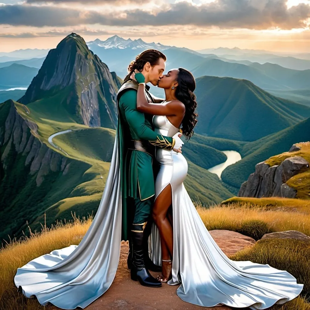 Prompt: Loki kissing a beautiful black woman wearing a silver dress on a mountaintop romance novel style 