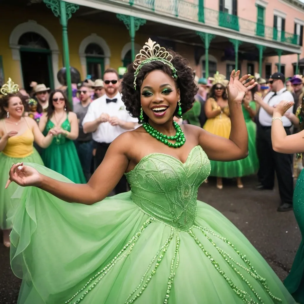Prompt: Beautiful black woman dressed as Tiana dancing in her green wedding dress at Mardi Gras holding beads
