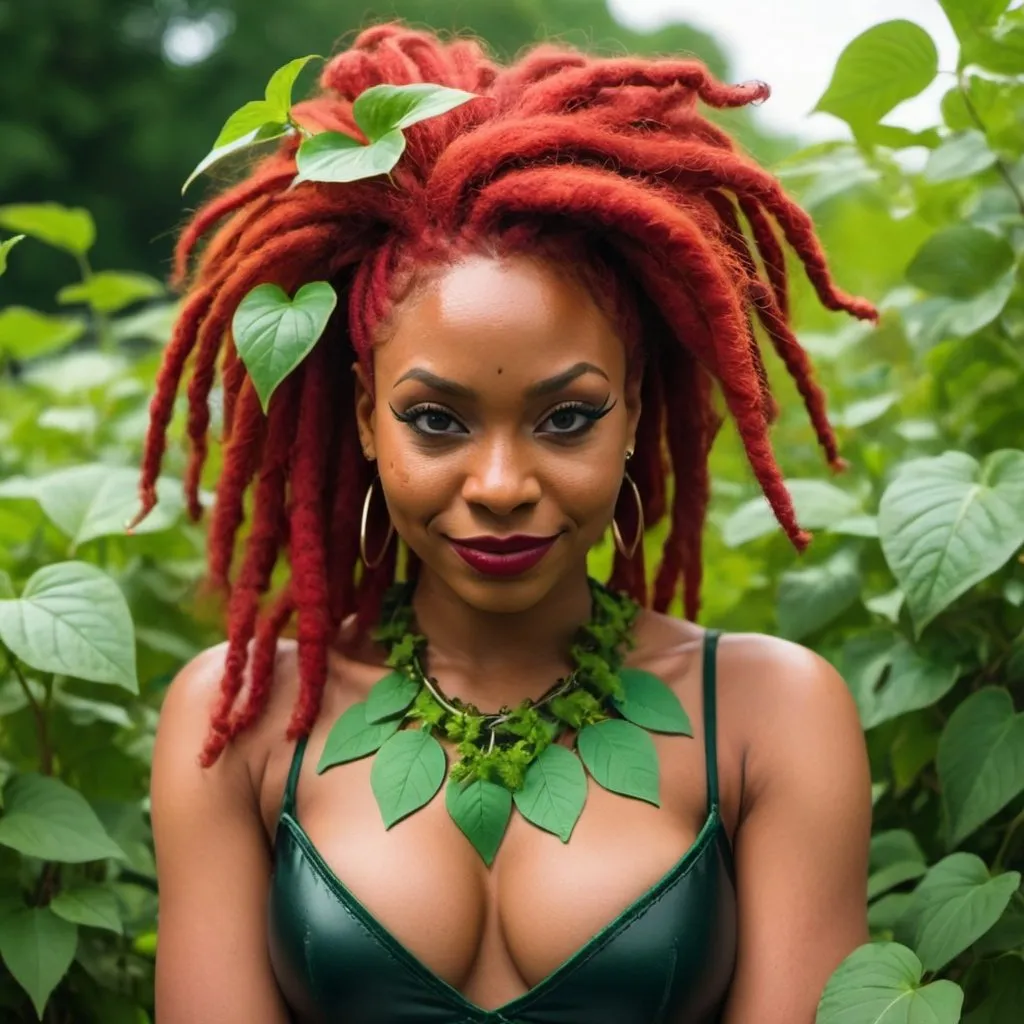 Prompt: Black woman as poison ivy red locs with plant stems on her body With a smirk using her powers