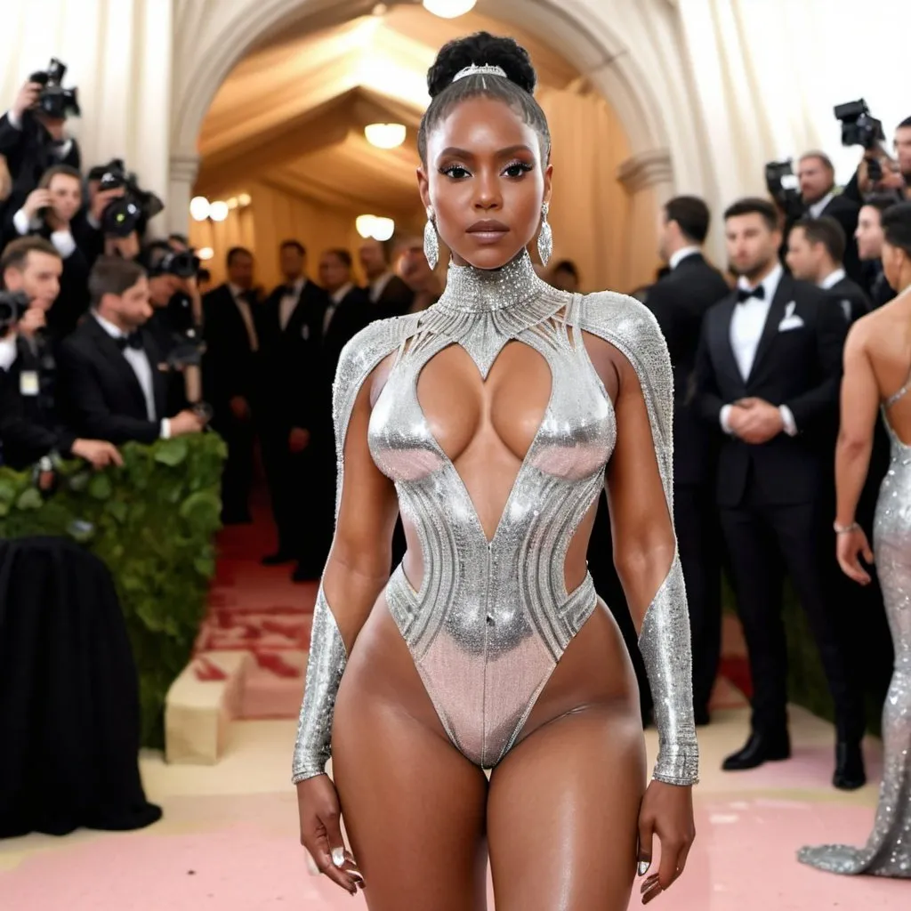 Prompt:  Beautiful black woman posing at the MET GALA red carpet in a diamond bodysuit wearing silver stilettos 