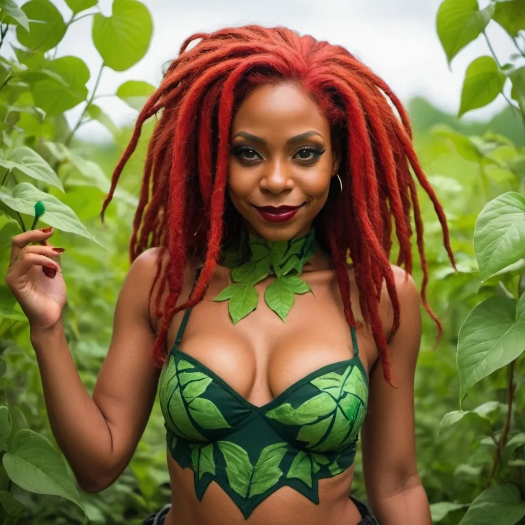 Prompt: Black woman as poison ivy red locs with plant stems on her body With a smirk using her powers