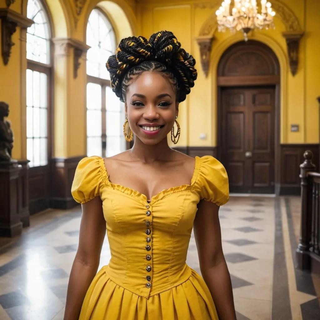 Prompt: Beautiful black woman smirking with Senegalese twists wearing a yellow Victorian dress in castle foyer