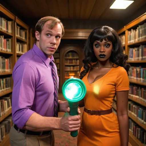 Prompt: A Caucasian man dressed as Fred from scooby doo folding a flashlight and a beautiful black woman dressed as Daphne with a flashlight in a haunted house library 