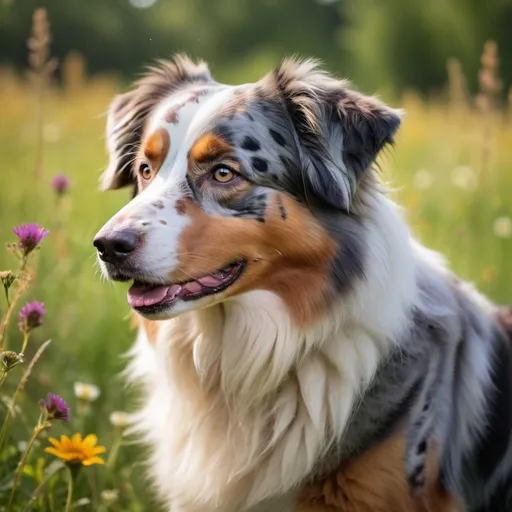 Prompt: Portrait of a beautiful dog, (Australian Shepherd), soulful eyes, fluffy fur, vibrant multicolored coat, expressive demeanor, outdoors setting, natural sunlight highlighting features, (high detail), serene ambiance, softly blurred background of lush green grass and wildflowers, warm color palette, (4K resolution), capturing the essence of joy and loyalty.