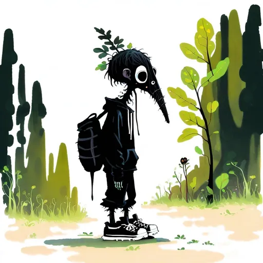 Prompt: Little, scrawny plant folk that looks like a dark tree. He’s creepy and cute and has an extremely long, thin nose. He’s in profile and walks very hunched over. He has a small body but very long, thin limbs. He is wearing chunky sneakers and a hoodie. 