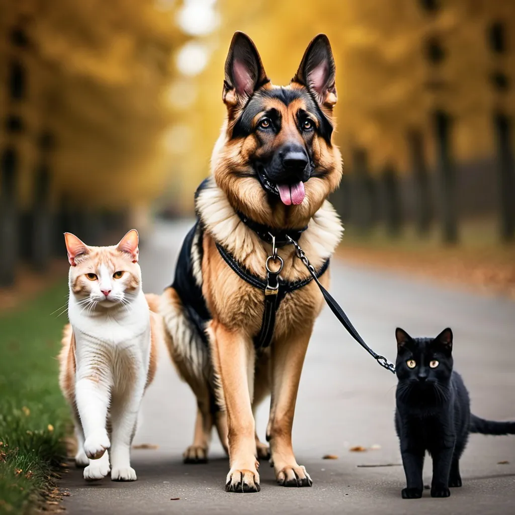 Prompt: A German shepherd leading a cat on a leash