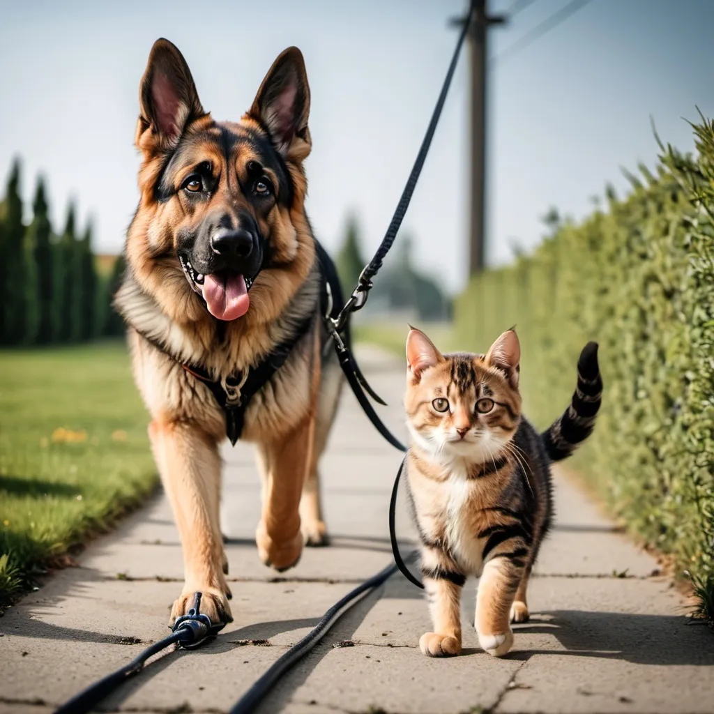 Prompt: A German shepherd leading a cat on a leash
