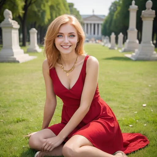 Prompt: Beautiful woman with gold hair, blue eyes, looking for future with nice smile sitting on the lawn with monuments back round wearing short red dress and gold necklace, portrait and high quality 