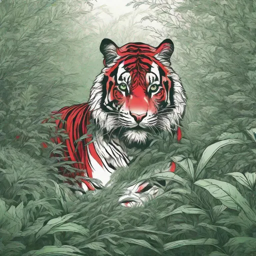 Prompt: Sfumato line art style illustration, a tiger crouching in shrubs, [ green: red: black], centered, 16K, UHD, HQ, highly detailed and intricate 
