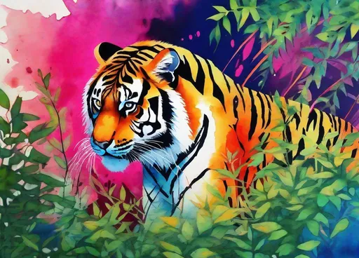 Prompt: Minimalist painting, Stencil graffiti art , a tiger crouching in shrubs, watercolor, vivid colors, vibrant, contrast, centered, 16K, UHD, HQ, highly detailed and intricate