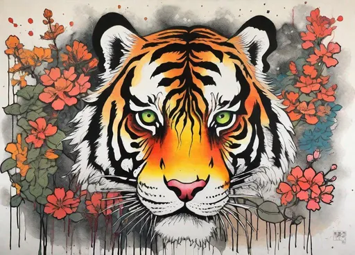 Prompt: Minimalist painting in Terada Katsuya line art style  , a tiger crouching in shrubs, watercolor, pen and ink, Stencil graffiti ,Tattoo art, ink wash, dripping ,  vivid colors, vibrant, contrast, centered, 16K, UHD, HQ, highly detailed and intricate 