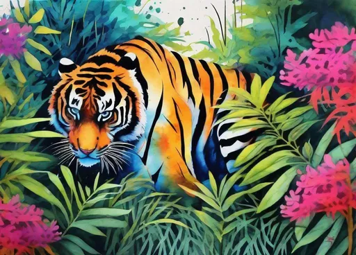 Prompt: Minimalist painting, Stencil graffiti art , a tiger crouching in shrubs, watercolor, vivid colors, vibrant, contrast, centered, 16K, UHD, HQ, highly detailed and intricate