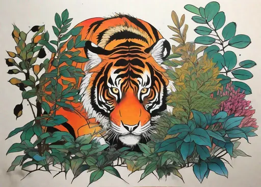 Prompt: Minimalist painting in Terada Katsuya line art style  , a tiger crouching in shrubs, watercolor, pen and ink, Stencil graffiti ,Tattoo art,  vivid colors, vibrant, contrast, centered, 16K, UHD, HQ, highly detailed and intricate 