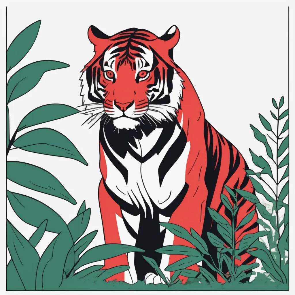 Prompt: minimalist line art illustration , a tiger crouching in shrubs, [ green : red: black]