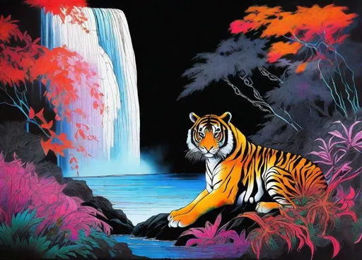 Prompt: Minimalist painting in Terada Katsuya and  Maciej Kuciara line art style, a tiger crouching among shrubs in front a waterfall at night , black background,  neon colors,  watercolor, pen and ink, Stencil graffiti, Tattoo art, ink wash, dripping, vivid colors, vibrant, contrast, centered, 16K, UHD, HQ, highly detailed and intricate 