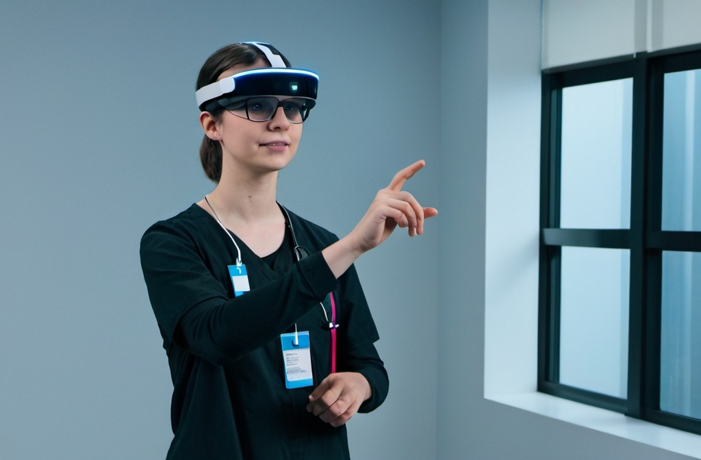 Prompt: a medical student wearing a short sleeve nursing shirt and a microsoft hololens 2 headset