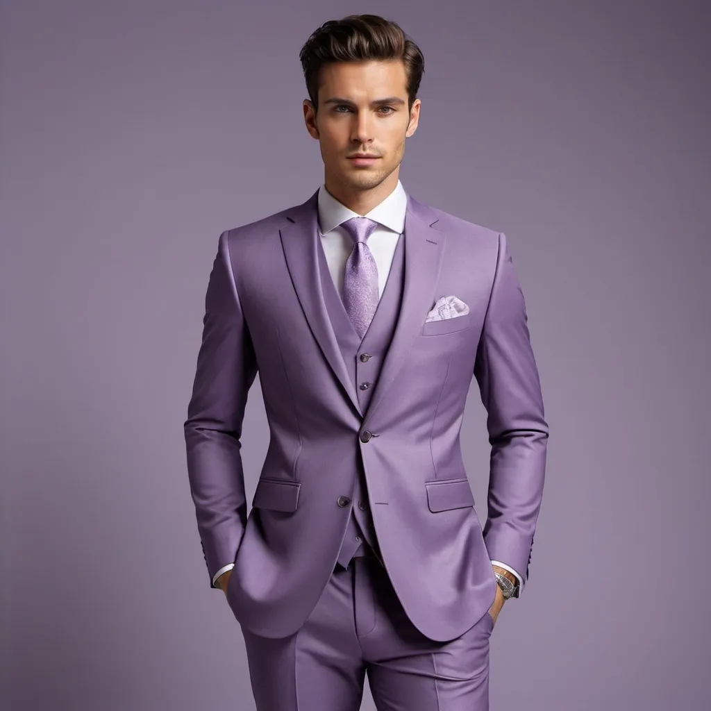 Prompt: Men's Dark lavender three-piece suit (elegant fashions), single model pose, sharp tailored fit, soft texture, sophisticated style, standing confidently, studio lighting, muted pastel tones, subtle sheen, perfect for formal occasions, minimalist background, high details, 4K resolution, capturing a modern and chic ambiance, making a striking visual statement.