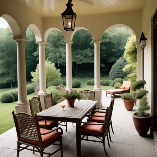 Prompt: give me the image of the porch in front of the room overlooking the garden and the hill with the table and chairs