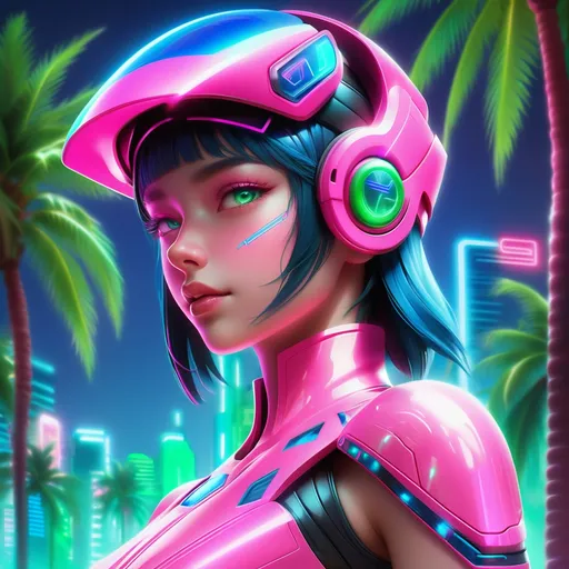 Prompt: a close up of a person wearing futuristic visors a palm tree, shiny cyberpunk colors, retrofuturism, 1980s sci-fi, game cover art, character, 4k