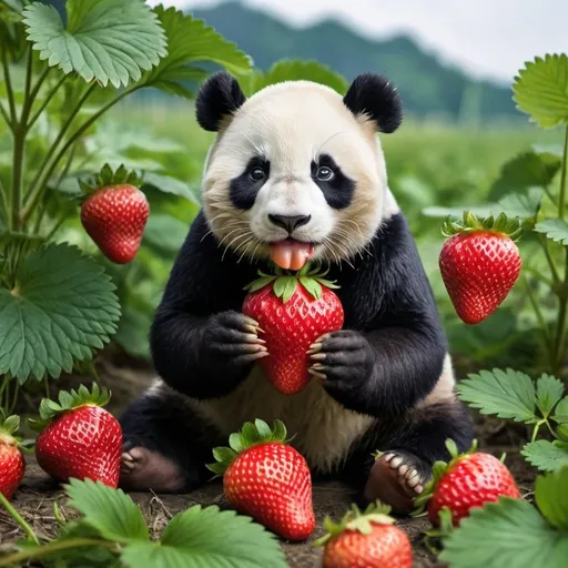 Prompt: King of strawberries looking like panda eating giant strawberry