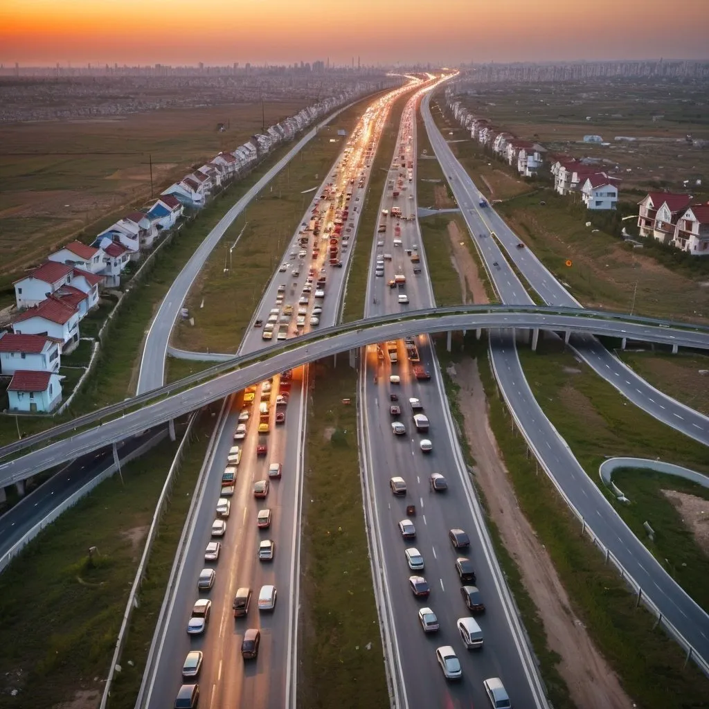 Prompt:  highway with a lot off traffic jams near a settlement of private houses in sunset