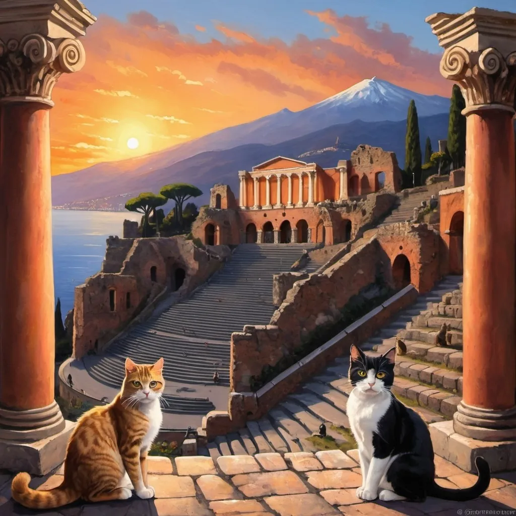 Prompt: In a gothic style, show the Greek theatre at Taormina, Sicily with Mount Etna in the background and many cats frolicking at sunset, including the "gatto selvatic", fierce wildcat of Mount Etna.