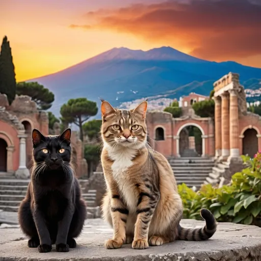 Prompt: In a gothic style, show the Greek theatre at Taormina, Sicily with Mount Etna in the background and at least 30  cats playfully frolicking  at sunset, including the "gatto selvatic", fierce wildcat of Mount Etna.