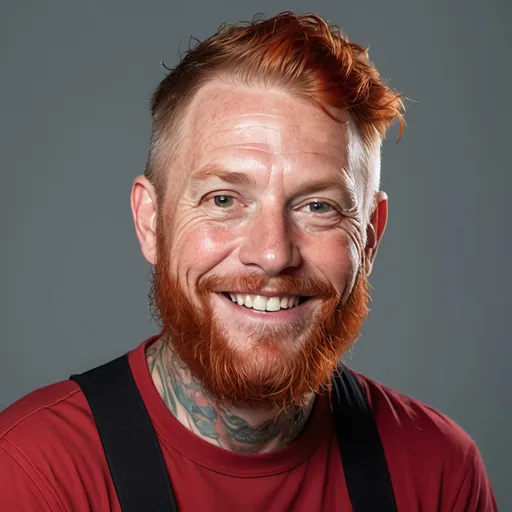 Prompt: a tattooed middle-aged caucasian man with a red beard is smiling for the camera while wearing a red shirt, Aaron Jasinski, postminimalism, rpg portrait, a character portrait