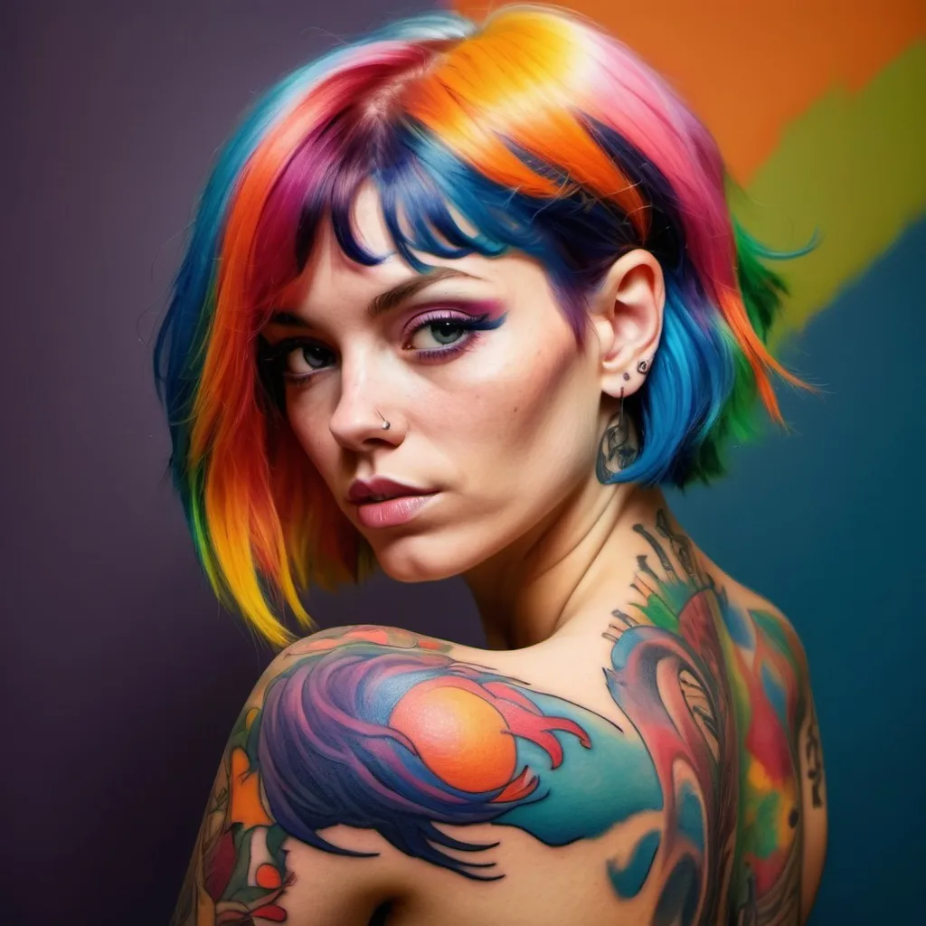 Prompt: a woman with multi colored hair and tattoos on her arm, neo-fauvism, colourful, photorealistic