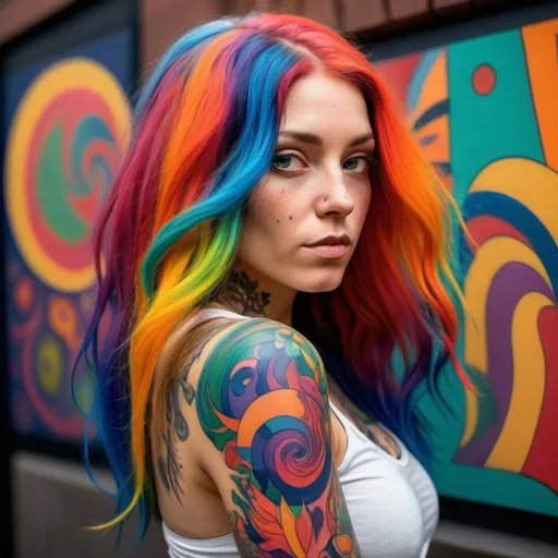 Prompt: a woman with long multi colored hair and tattoos on her arm, neo-fauvism, colourful, photorealistic.