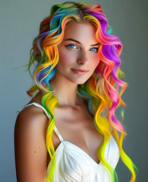 Prompt: A Caucasian woman with long, neon rainbow-colored hair styled in messy waves. blue eyes. She has a smile on her face and appears to be in her 20s. wearing a white summer dress. full body shot.