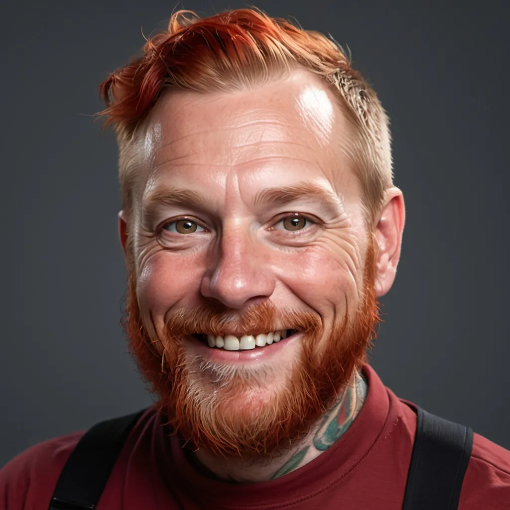 Prompt: a tattooed middle-aged caucasian man with a red beard is smiling for the camera while wearing a red shirt, Aaron Jasinski, postminimalism, rpg portrait, a character portrait