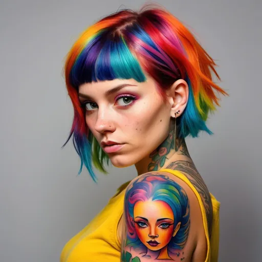 Prompt: a woman with multi colored hair and tattoos on her arm, neo-fauvism, colourful, photorealistic