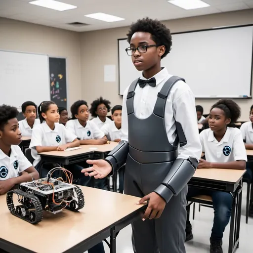 Prompt: A black African-American  robotics high school student in a uniform explaining to the class the importance of robotics and AI. The background should have robot arms and robotics components