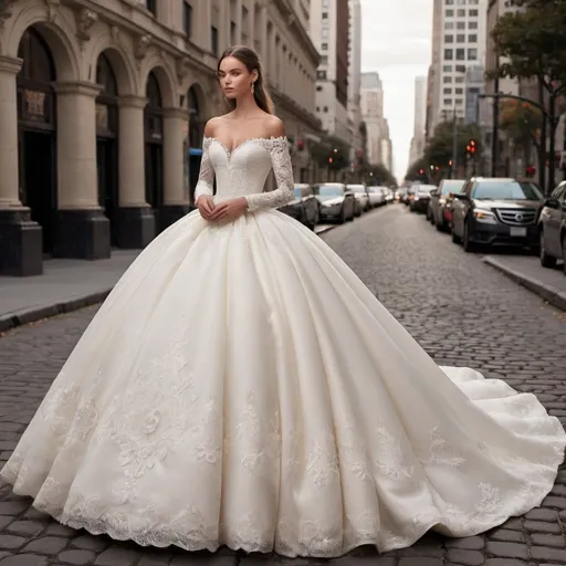 Prompt: A poofy ivory ball gown with off the shoulder long sleeves and lace detailing with sweetheart neckline