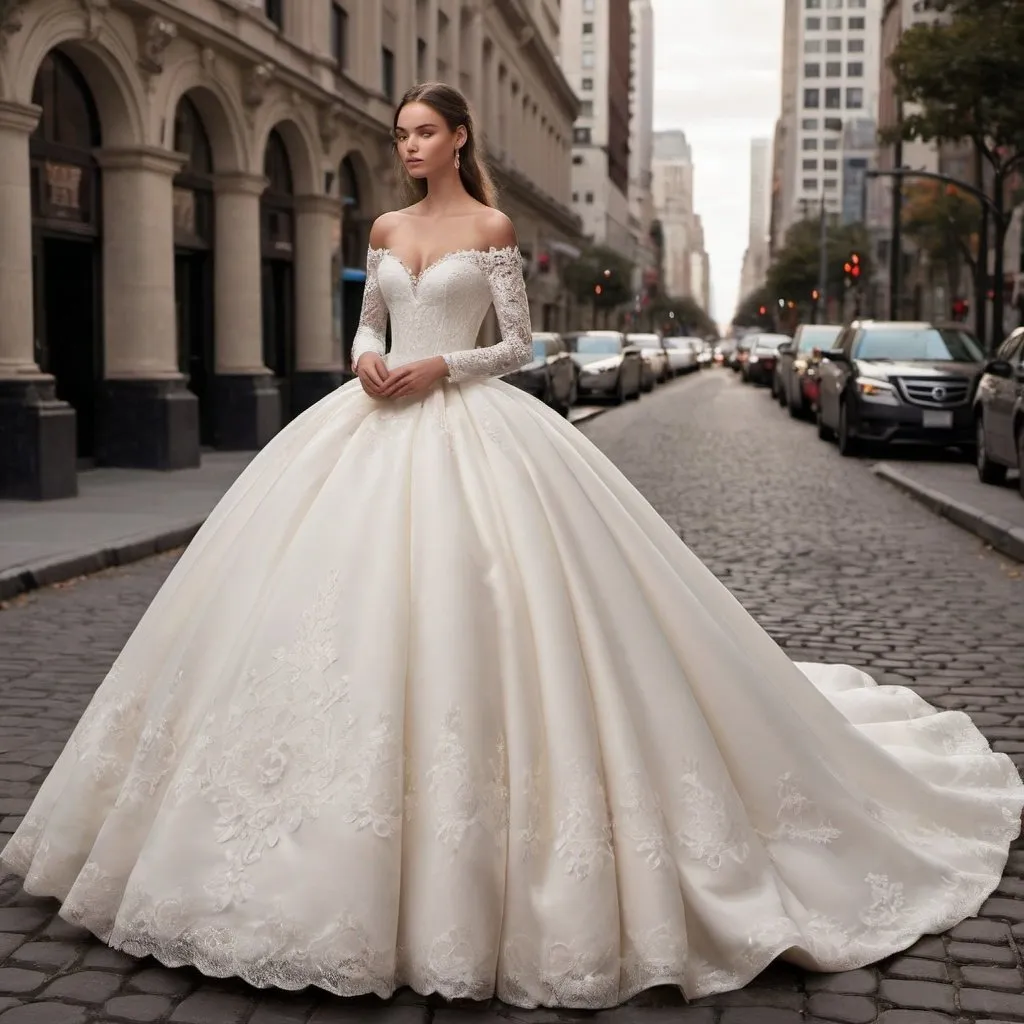 Prompt: A poofy ivory ball gown with off the shoulder long sleeves and lace detailing with sweetheart neckline