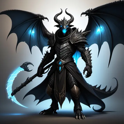 Prompt: black dragonborn with wings and a tail with glowing blue eyes wearing a large cloak with a scythe