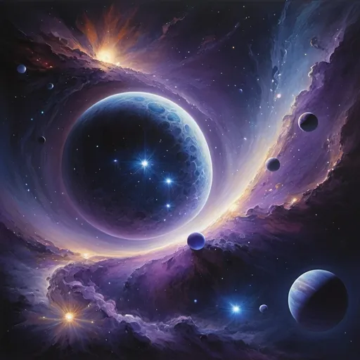 Prompt: (magestic painting), (dark colors), ethereal space, floating celestial bodies, floating suns, depth effect, distant nebulas, shimmering light, grandeur, intricate details, universe filled with countless planets and suns, deep blues and purples, hints of twinkling white, sense of vastness, ultra-detailed, surreal ambiance, no ground only space