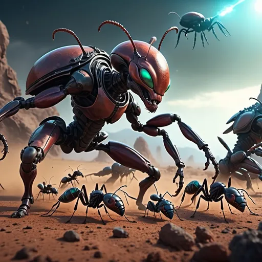 Prompt: Ants (epic battle scene), large and armored, advanced alien designs, detailed gear and weapons, dynamic poses, vibrant colors, dramatic lighting, sci-fi atmosphere, intense emotion, alien landscape background, high-stakes conflict, ultra-detailed, 4K quality, explosive action elements, imaginative and surreal visual style.